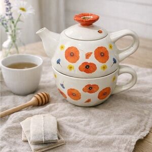 Floral Tea Set with Orange Poppies